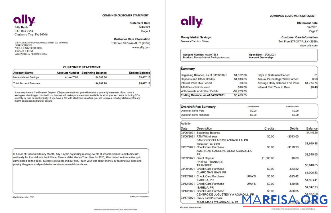 Downloadable USA Ally bank statement word 4 pages sample